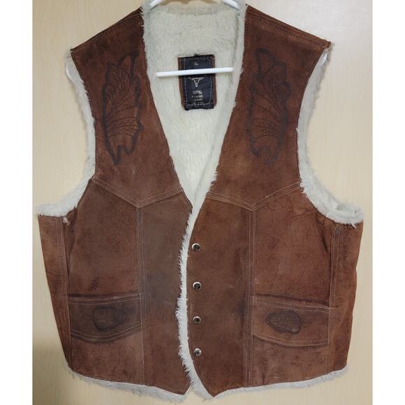 Vintage Suede Leather Sherpa Lined Vest with Embossed Horse Back Western XLarge - Picture 1 of 8